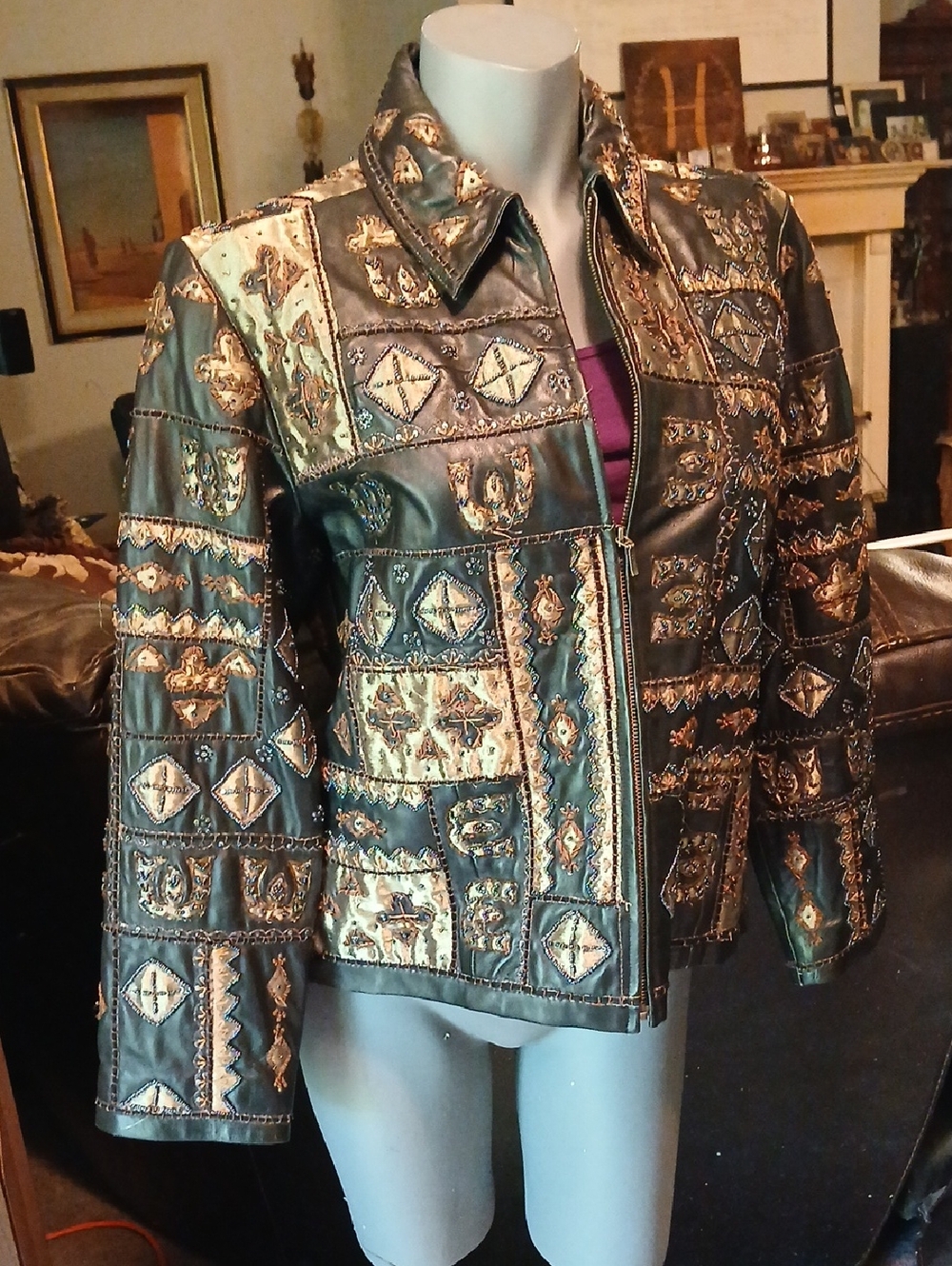 Chico's Black and Olive Patchwork Zip Bomber Jacket,100% Lambskin ,sz.2